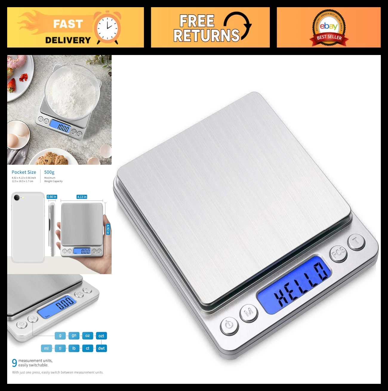 High Precision Digital Food Scale 500g x 0.01g - Stainless Steel Kitchen Scale,