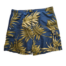 Caribbean Joe Swim Trunks Mens L Blue Green Tropical Shorts Mesh Brief Pockets
