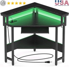 Corner Desk W/ Charging Station LED Lights Ergonomic Monitor Stand Storage Tray