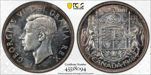 Canada, 1948 George VI Fifty Cents, 50 Cents ND. PCGS MS 63. 37,784 Mintage