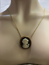 Vintage Black White Faux Cameo Pendant With Gold Tone Long Necklace