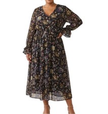 Torrid Maxi Dress Size 3 3X Black Floral Smocked Waist Lined Chiffon Long Slv