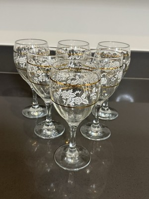Pasabahce Circle of Art Wine Glasses White Roses Gold Accents Turkey Set of 6