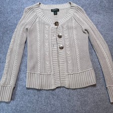 Eddie Bauer Women s XS Cable Knit Cardigan Sweater 100 Cotton Beige Button