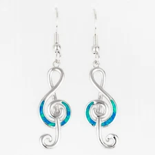 Treble Clef Music Note Ocean Blue Fire Opal Silver Jewelry Dangle Drop Earrings