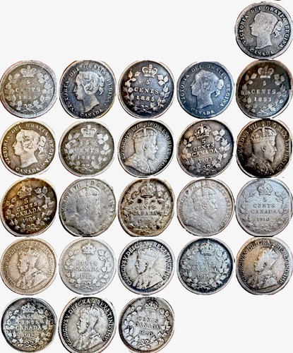 Canada Lot Of 12 SILVER 5 Cents Coins