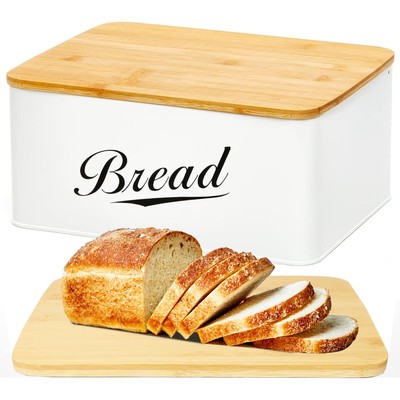 Modern Metal Bread Box with Bamboo Cutting Board Lid, Bread Storage Container...