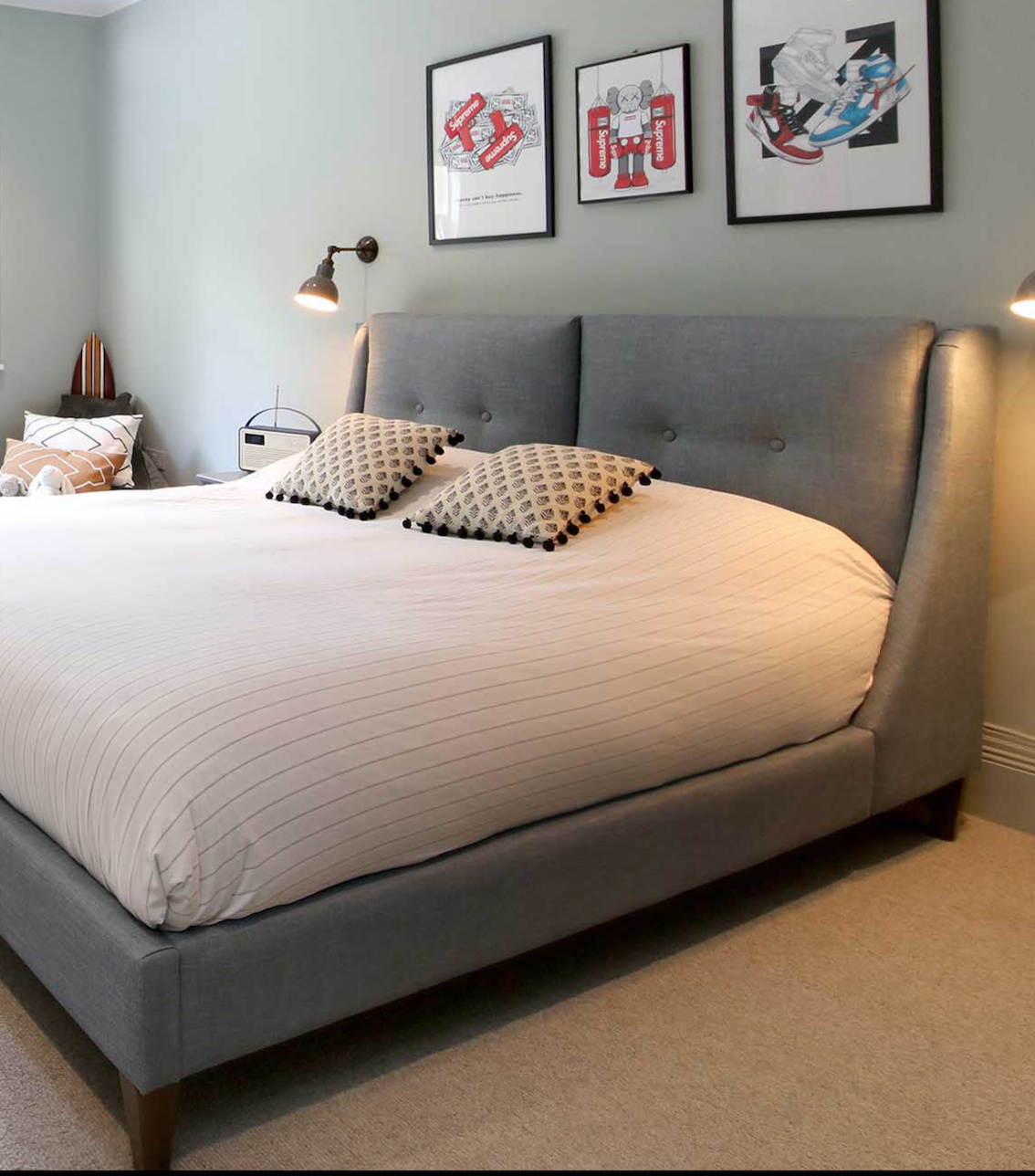 king size upholstered bed frame mid blue linen ook cotton Feather and