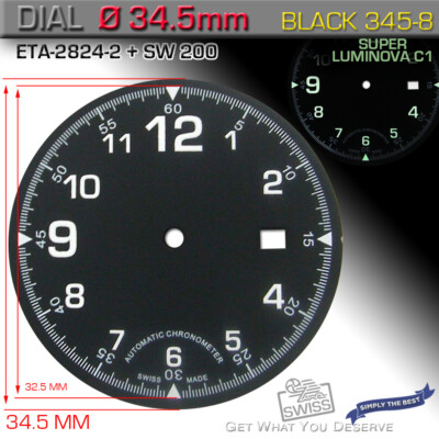 DIAL FOR MOVEMENT ETA 2824-2 + SW200 Ø 34.5 MM, BLACK, SUPERLUMINOVA C1