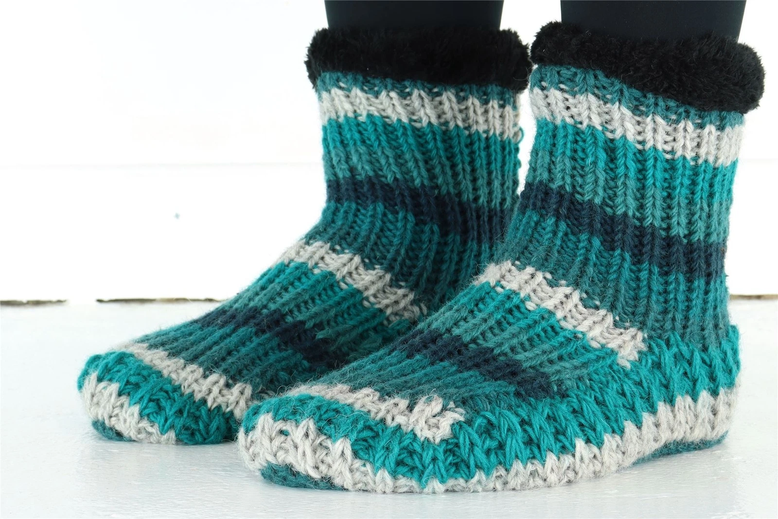 Hand Knitted Wool Slipper Socks Sherpa Lining Handmade Woolly Warm Stripe Teal