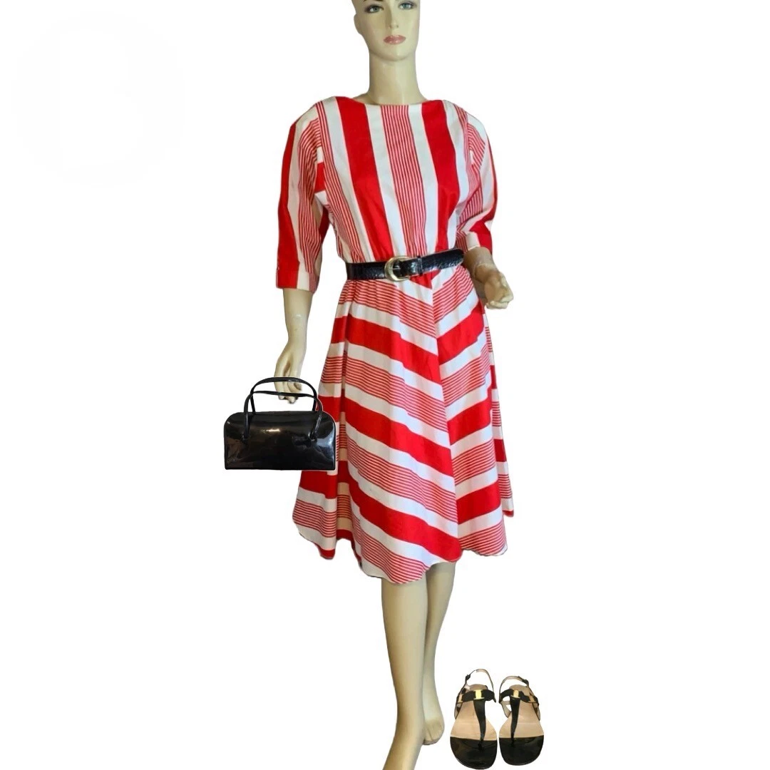 VINTAGE 1980'S R.E.O. ORIGINALS RED & WHITE STRIPED TWILL DRESS & BELT SIZE M