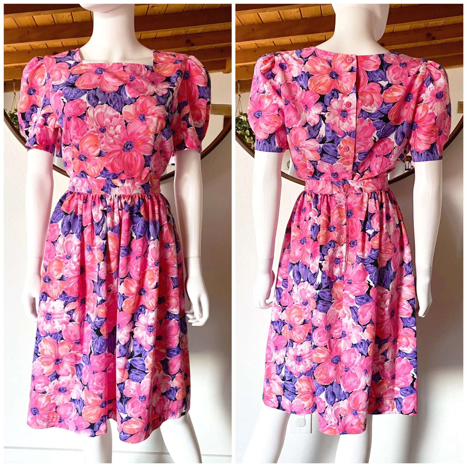VTG 80'S 2 PIECE DRESS SET PINK FLORAL PRINT SS BLOUSE + SKIRT FITS S/M 28" W