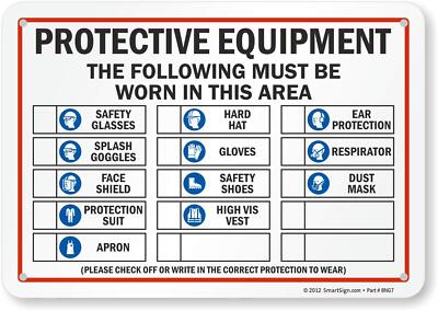 ''Protective Equipment - Following Must Be Worn'' Write-On Sign | 7'' x 10'' Plastic
