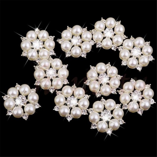 Fenteer 10pcs Alloy Pearl Rhinestone Flower Buttons - Flatback Crystal Decor For DIY Jewelry, Wedding, Crafts (Black & Clear Rhinestone Style)