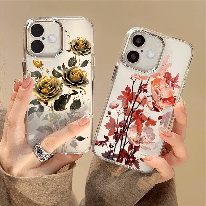 Phone Case For iPhone 16 Pro Max 15 14 13 12 11 Rose Flowers Soft Silicone Cover