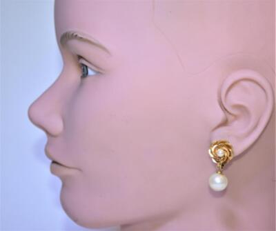 Vtg 60er Signiert VENDOME Goldtone Tropfen Rose Faux Perlen Clip-On Ohrringe