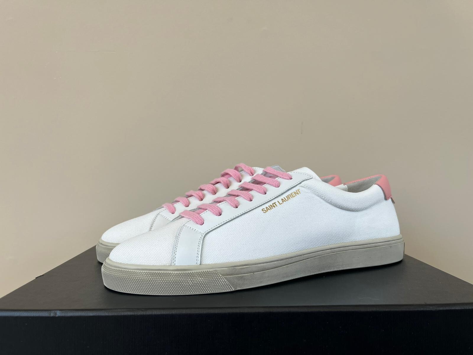 Sneakers basse Saint Laurent Paris Andy bianco rosa nuove con scatola 41