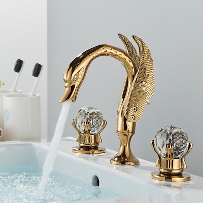 Water-Tap Bath Shower Systems Bathroom Sink Faucet, Brushed Gold Brass Deck Mounted Dual Holder Three-Hole Mixed Cold And Hot Qater Basin Mixer Water Tap,Brushed Gold (Gun Gray), Touch On Faucets