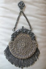 Antique Tan Crochet Fancy Steel Micro Bead Chatelaine Belt Clip Kilt Purse