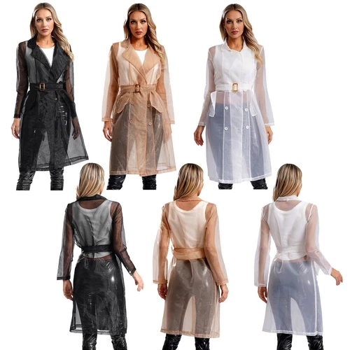Womens Coat See Through Trench Notch Lapel Jackets Ladies Outerwear Cropped- - Picture 4 of 60