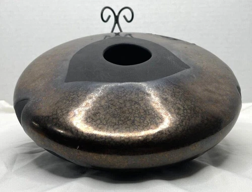 Haeger Raku Ikebana Vase Round Charcoal Black Matte Metallic Lava Drip Glaze