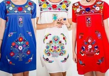 Vestido túnica boho floral tehuacán Puebla folclórico mexicano S-XL corto para mujer NUEVO