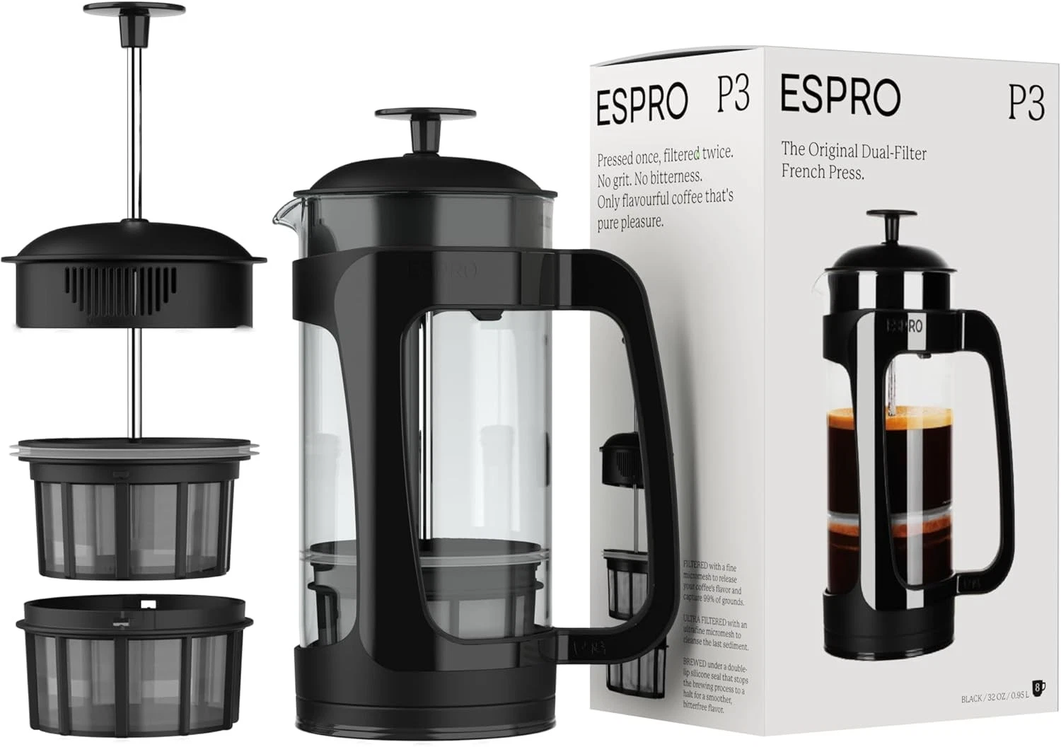 ESPRO - P3 French Press Coffee Maker – Patented Double 32 oz, Black