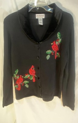 Vintage Tiara Womans Med Red Birds Black Beaded  Velvet Collar Soft Cardigan