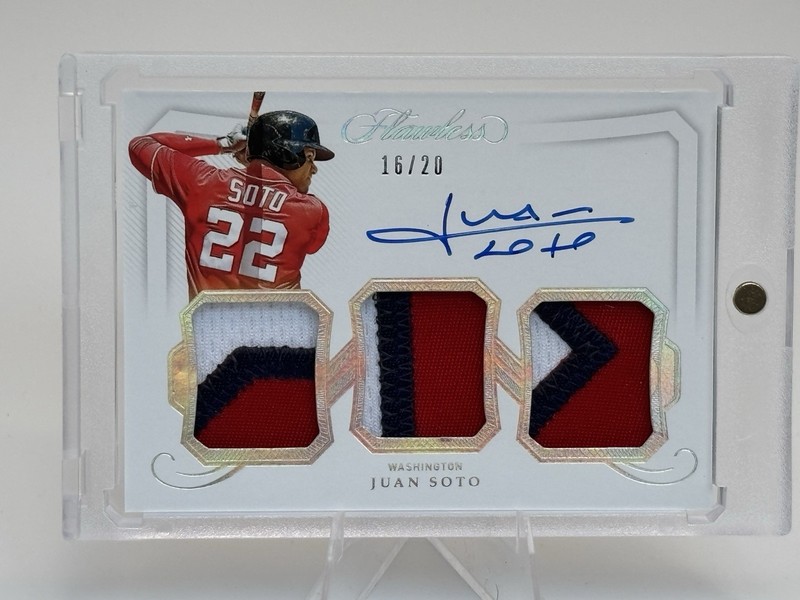 2020 Panini Flawless Juan Soto Triple Patch Auto 16/20 Nationals SP On Card Mets