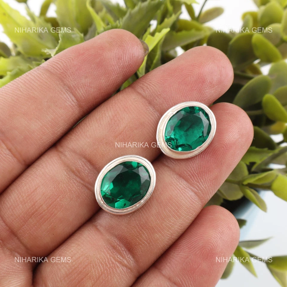 925 Silber Ovale Kunstdiamanten Grün Smaragd Edelstein Handgefertigt Lang - Bild 3 von 4