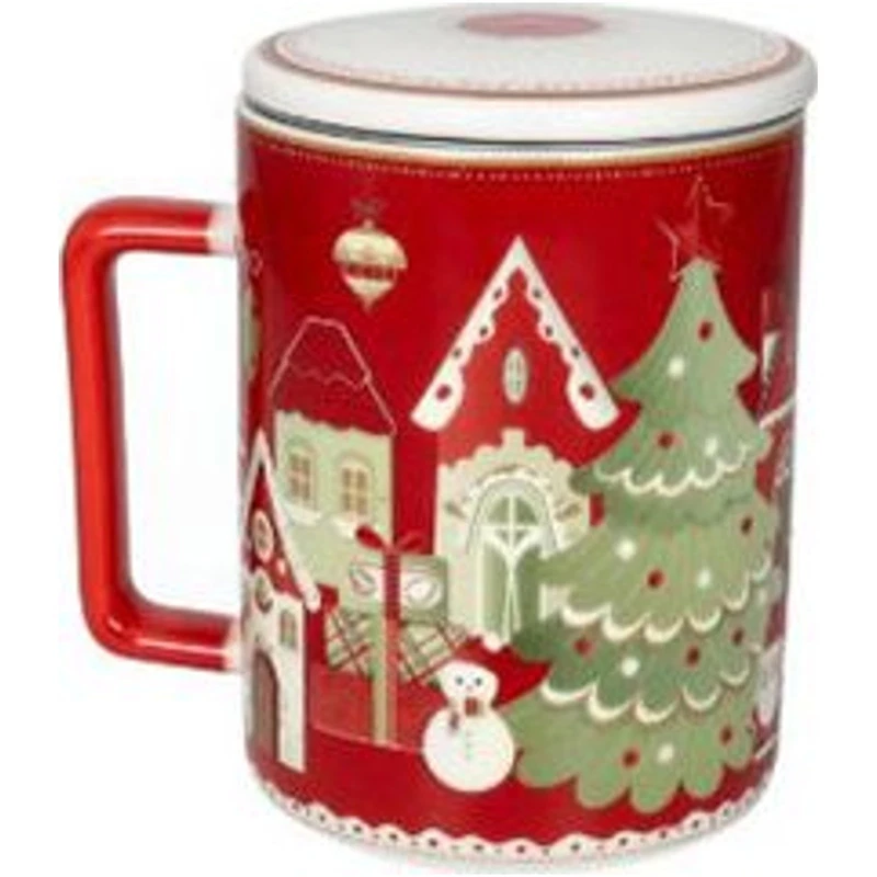 Mug Natale con Tappo e Filtro BRANDANI Villaggio in Festa Rosso Porcellana