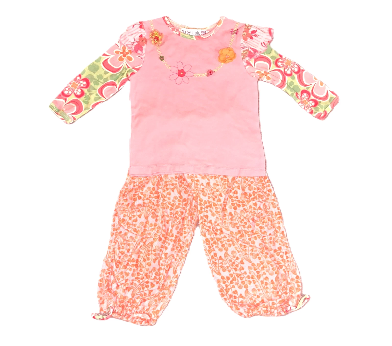 Girls vtg BABY LULU pink floral boutique outfit 24M 2T corduroy pants t shirt
