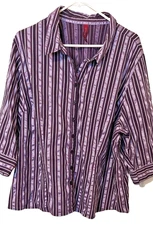 Gitano Burgundy/Gray Striped Button Up Shirt 3/4 Sleeves Size 26/28W