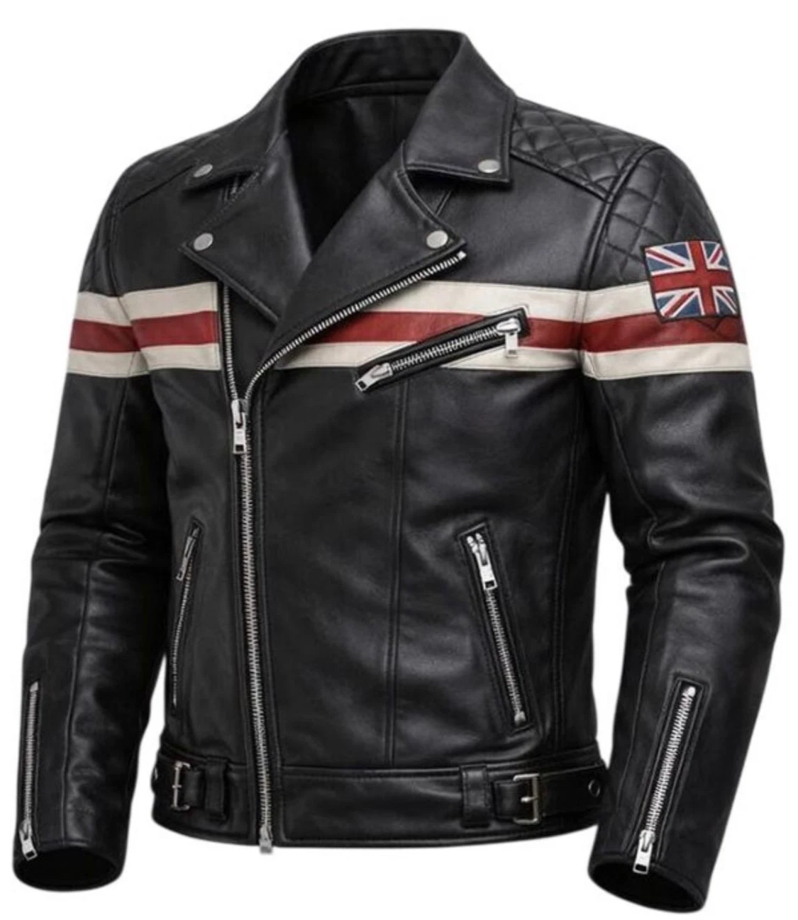 Men’s Black Genuine Leather Biker Motorcycle Jacket Red White Stripe Perfecto