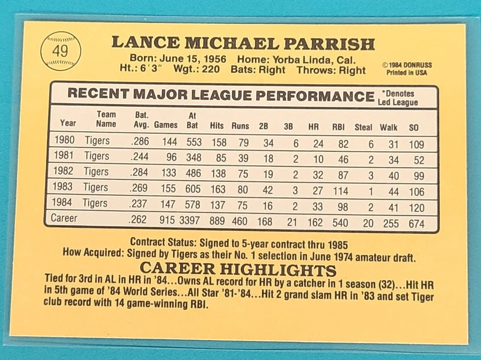 1985 Donruss    #49 Lance Parrish Detroit Tigers Baseball Card Q4 - Image 2 of 2