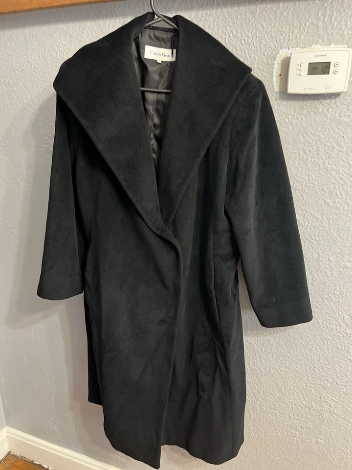 Calvin Klein Black Long Angora Wool Coat Size 14 Overcoat Womens - Image 2 of 4