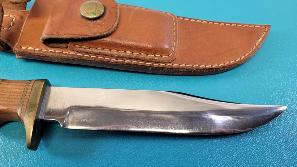 Vintage Bowie Fighting Knife Brass Wood Handle + Leather Sheath Stone TR525 - Image 2 of 4