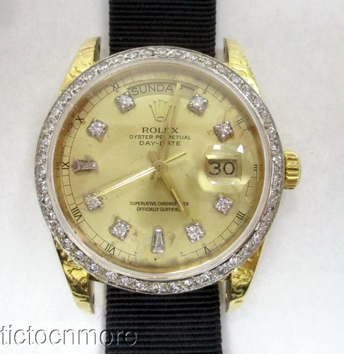 VINTAGE 18k GOLD ROLEX DAY DATE WATCH MENS 18038 36mm DIAMOND BEZEL NUMERALS
