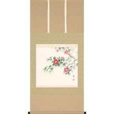 Kakejiku Japanese Hanging Scroll - Camellia / Tsubaki - with paulownia wood box