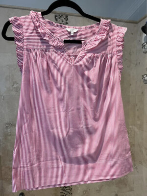 Crown & Ivy White Pink Print Stripe Nautical Sleeveless Babydoll Fit Top Ruffles