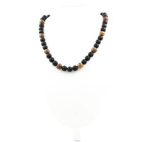 Steine Und MinéRaux. Halskette Perlen Schwarz Onyx Matt + Holz 8 Mm Kette Stahl