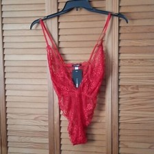 Fashion Nova Red Lace V Neckline High Cut Adjustable Straps Teddy Size Medium