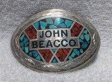 Turquoise Coral Embedded Stones Hand Engraved Silver Edge John Beacco Buckle VTG