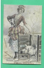 Natale RAGAZZA E MAIALE CARTOLINA D'EPOCA 56