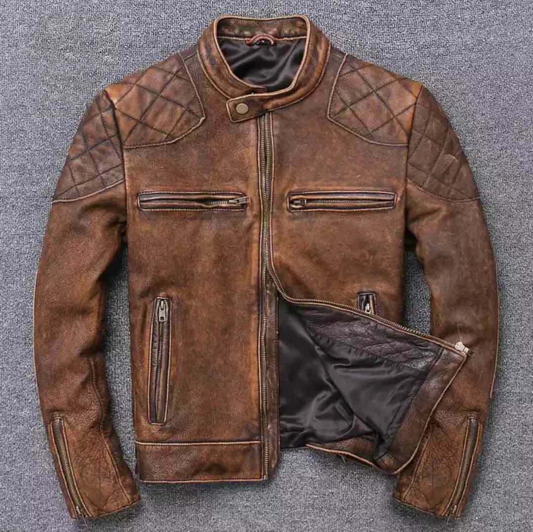 Men's Biker Cafe Racer Vintage Motorcycle Distressed Tan Brown Leather  Jacket
