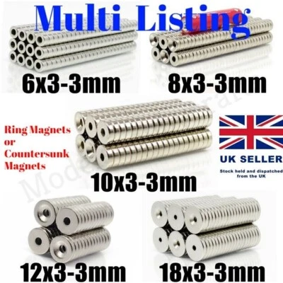 6x3 8x3 10x3 12x3 20x3 Hole 3mm N50 Countersunk Ring Round Neodymium Magnet