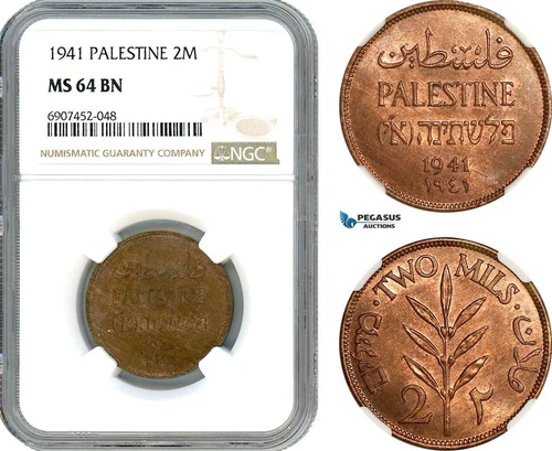 AK165, Palestine, 2 Mils 1941, London Mint, NGC MS64BN