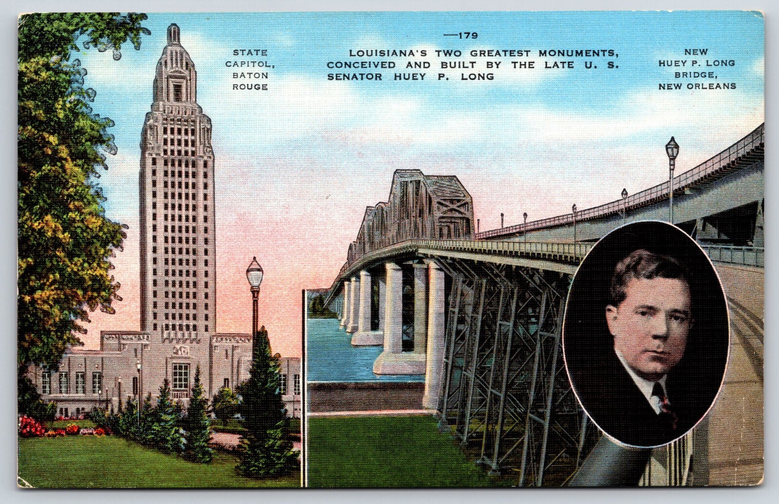 Original Vintage Postcard Huey Long Bridge State Capitol Monument Baton Rouge