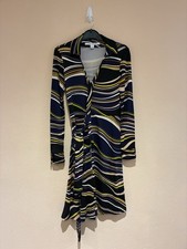 Diane Von Furstenberg Womens Iconic 100% Silk Black Navy Marble Wrap Dress Uk 8