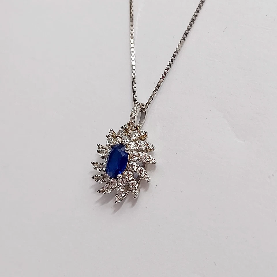 Collana Argento 925 Donna Ciondolo Pendente Gioiello Pietra Blu Zaffiro  Zirconi - Immagine 3 di 4